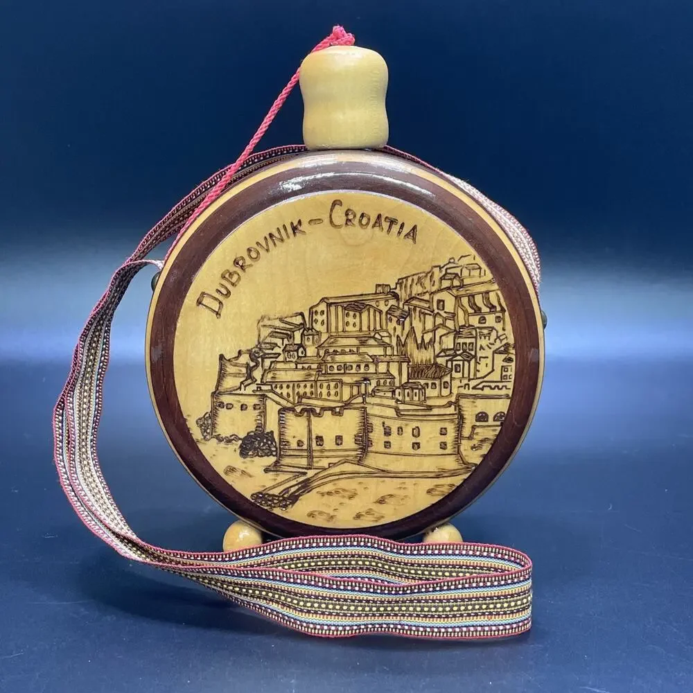 Vtg Wood Flask Canteen Handcrafted Folk Art Carved Pyrography Dubrovnik Croatia